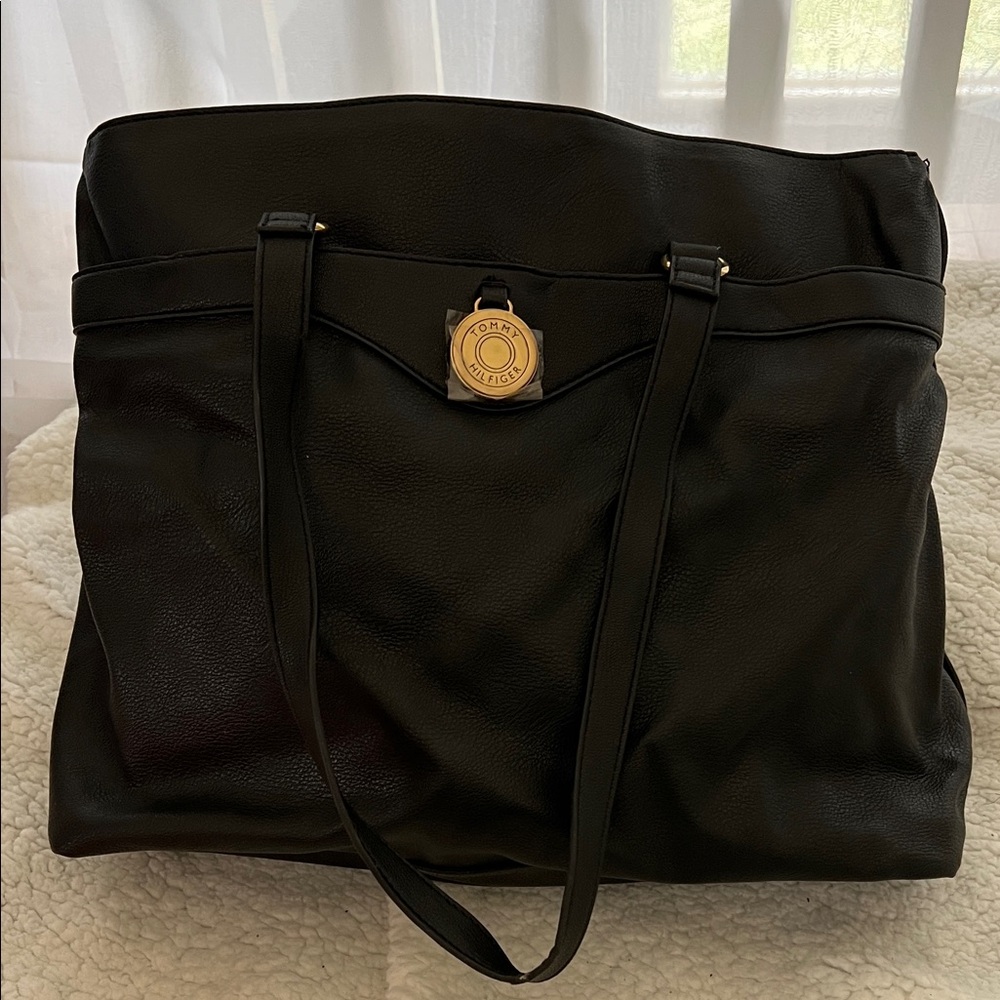 Tommy Hilfiger Black Leather Large Tote with Gold Logo Accent
